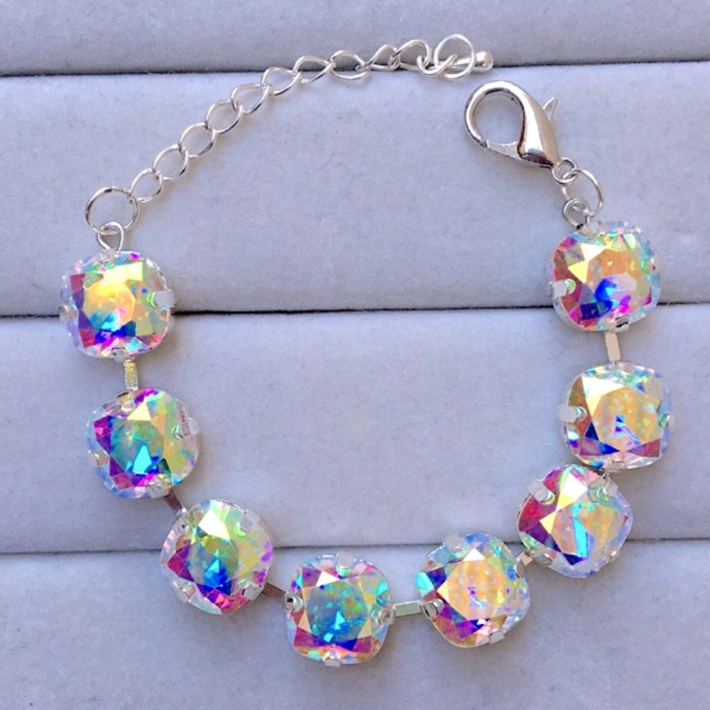 Aurora Borealis + Silver Cushion Cut Crystal Tennis Bracelet